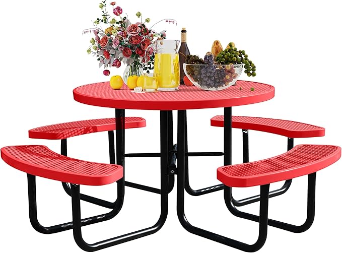 8-Person Picnic Tables for Outdoors, Industrial 46" Expanded Metal Round Picnic Table with 4 Benches & Umbrella Hole, Outside Table and Bench Set for Park, Garden, Backyard, Patio, Red