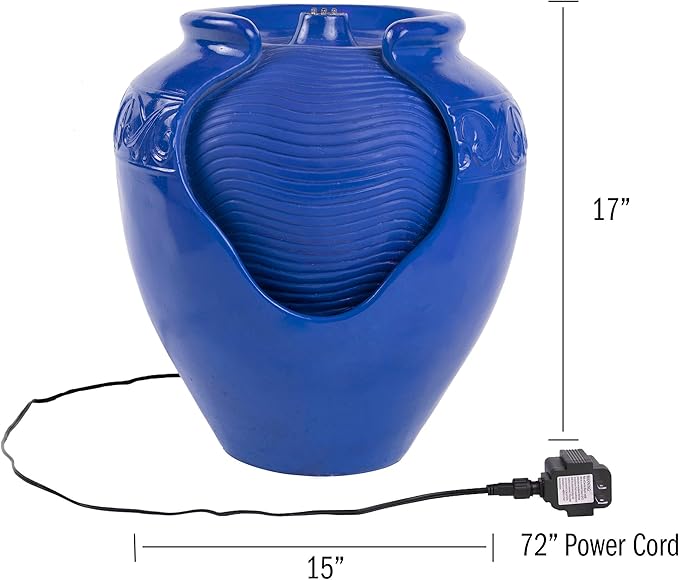 Pure Garden Jar Water Fountain – Indoor or Outdoor Ceramic-Look Glazed Pot Resin Water Feature with Electric Pump and LED Lights (Cobalt Blue)