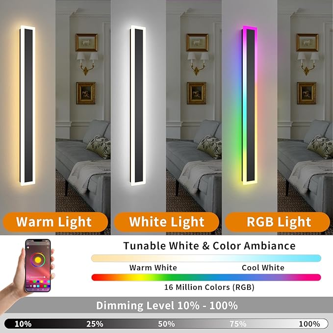 2 Pack Outdoor RGB Long Wall Lights, 23.6inch Wall Lights RGB/Warm/White Dimmable Modern Led Wall Lighting, Ip65 Waterproof Wall Sconce with Remote APP Control for Outdoor/Indoor Party Gathering