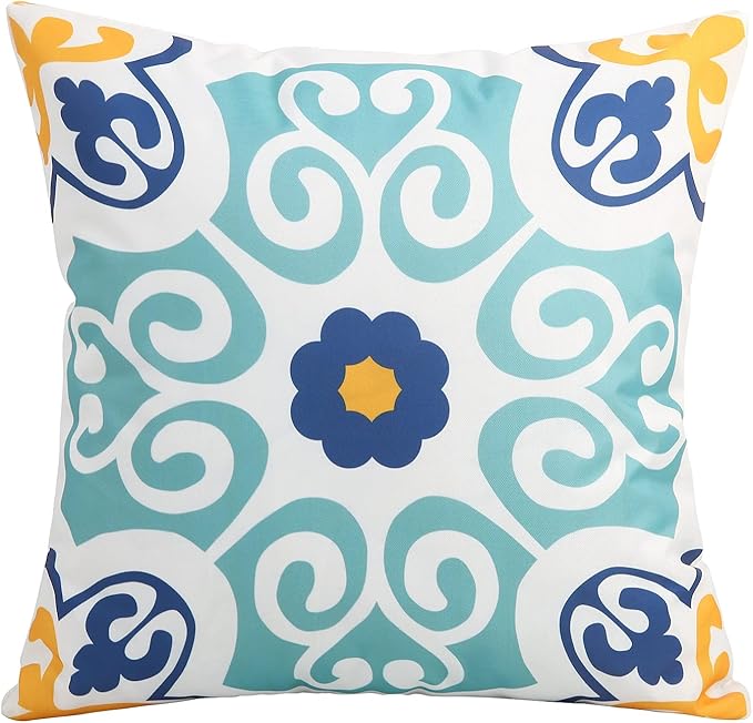 Outdoor Waterproof Throw Pillow Covers Set of 4 Floral Printed and Boho Farmhouse Outdoor Pillow Covers for Patio Funiture Garden 20x20 Inch Blue