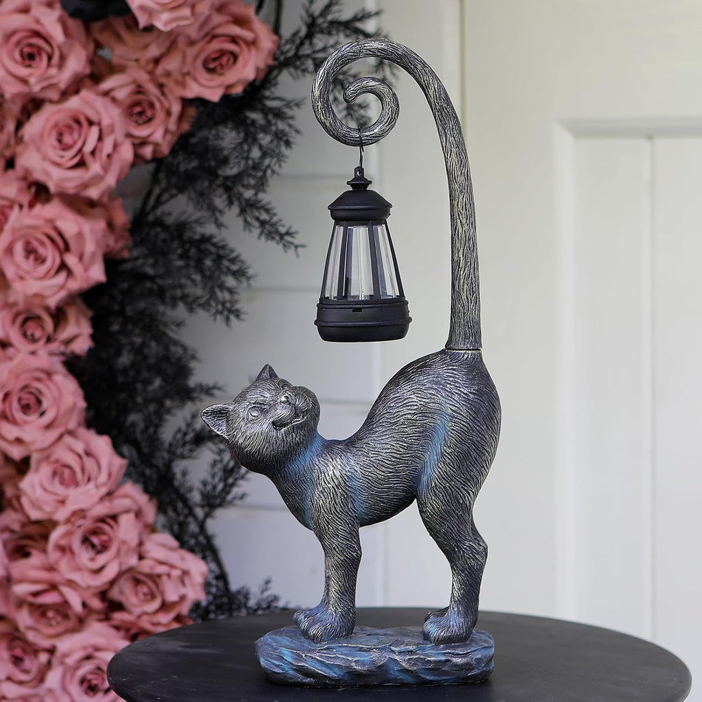 Solar Cat Outdoor Statues Halloween for Garden: Outdoor Decor Cat Figurine for Yard, Lawn, Patio, Porch, Balcony - Animal Art for Home Backyard - Birthday Gifts for Women Grandma Mom Sister