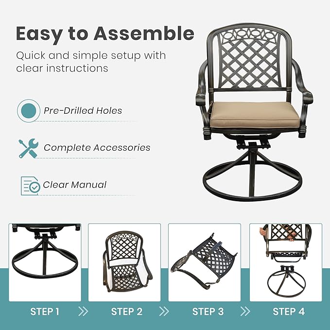 Set of 2 Cast Aluminum Patio Chairs with Cushions, All-Weather Aluminum Outdoor Swivel Chairs, Metal Outdoor Rocking Chairs for Backyard, Poolside and Bistro(Khaki, 2 Pieces)