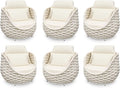 Patio Accent Chairs Set of 6: Aluminum Porch Lounge Chair with Arms - Woven Rope Cushioned Armchair - Modern One Seater Sofa - Outdoor Deck Furniture for 400lbs Balcony Yard Garden Hotel, Beige