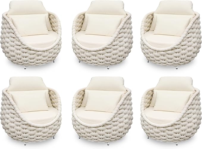 Patio Accent Chairs Set of 6: Aluminum Porch Lounge Chair with Arms - Woven Rope Cushioned Armchair - Modern One Seater Sofa - Outdoor Deck Furniture for 400lbs Balcony Yard Garden Hotel, Beige
