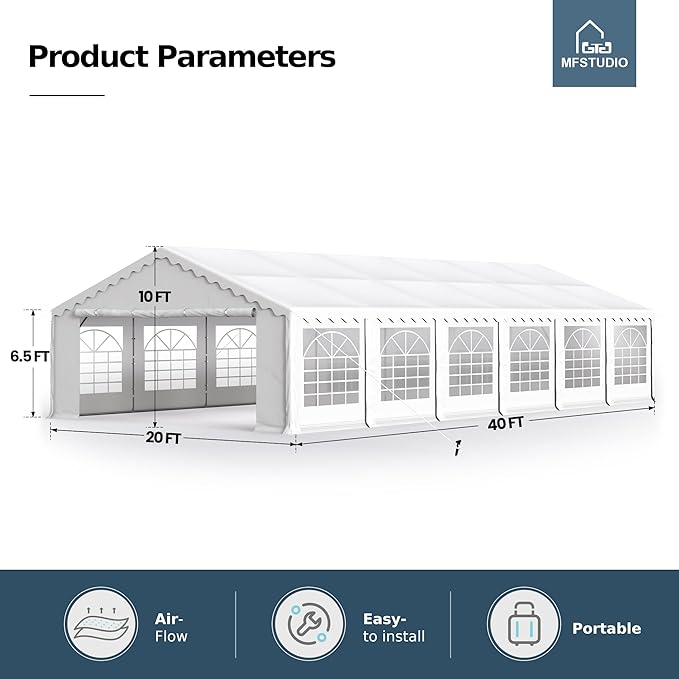 MFSTUDIO 20'x40' Party Tent, Outdoor Heavy Duty Party Tents with Removable Sidewalls, Large Canopy Tent Shelter for Outdoor Events Wedding Birthday, White
