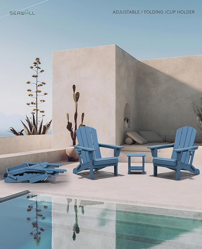 SERWALL Folding Adirondack Chair Set of 2, Adjustable Adirondack Chair with 3 Recline Positions, All Weather HDPE Outdoor Adirondack with Cup Holders, Blue
