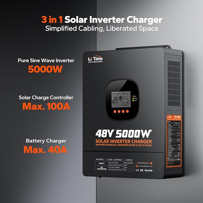 LiTime 5000W Solar Inverter Charger, 48V DC to 120V AC Pure Sine Wave Inverter, Parallel Split-Phase for 240V, Build in 100A MPPT Solar Charger Controller for Home Backup, Off-Grid, Farm
