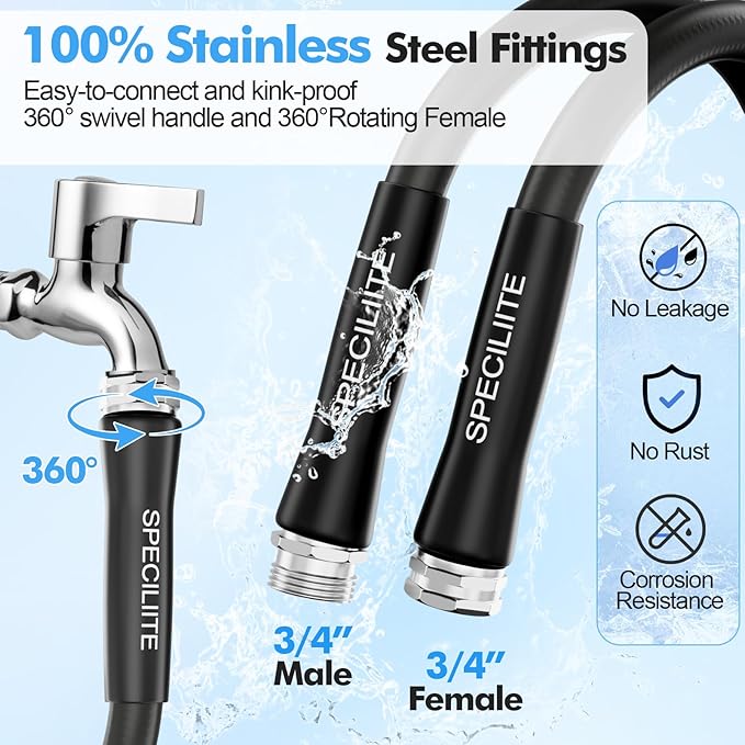 SPECILITE 5/8" Hot/Cold Water Hose 25 ft with High Flow Nozzle,Heavy Duty Flexible Rubber Garden Hose -50℉ to 158℉ With 3/4" Stainless Steel Fittings for Yard, Outdoor, Farm, Lightweight, Black
