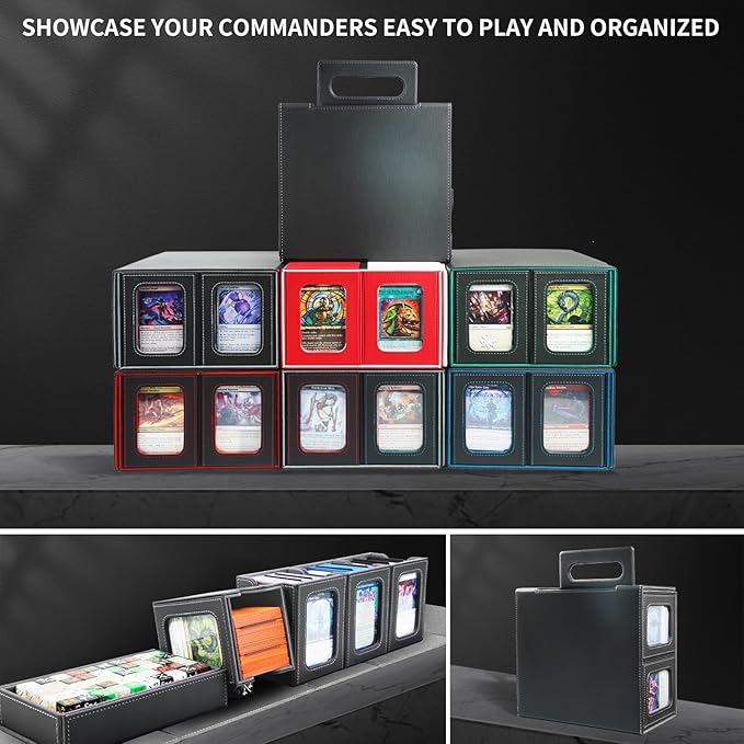 AFIING Commander Deck Box for MTG/EDH, Fits 400+ Double-Sleeved Cards, with Display Window, 4 Removable Deck Cases, Dividers, Dice Tray & Handle, Card Holders for TCG (Black Grey)