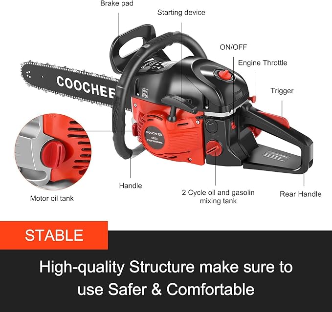COOCHEER 62CC Gas Chainsaw 20 Inch 2-Cycle Gas Powered Chain Saws 3.5 HP Power Chain Saw Cordless Gasoline Powered Chainsaw with 2 Chains for Tree Wood Cutting