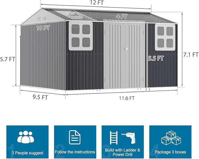 10x12 FT Metal Outdoor Storage Shed, Reinforced Frame Heavy Duty Large Waterproof Garden Tool Sheds with Unique Skylight Windows Air Vent for Patio Yard，Dark Grey