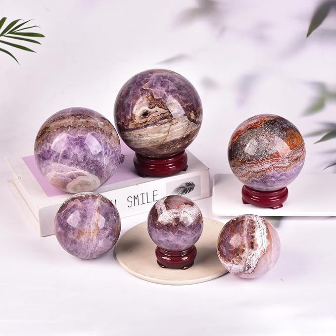 JIC Gem Large Healing Crystal Sphere Ball with Wooden Stand Amethyst Agate Crystal Decorative Ball Meditation Feng Shui Decor 90-100mm