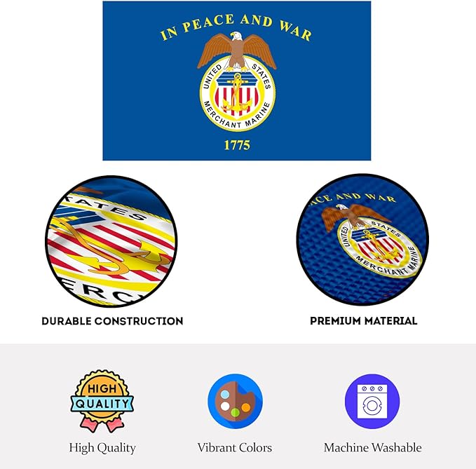 AGAS Large United States Merchant Marines Flag 5x8 Ft - Printed 200D Nylon Canvas Header Two Brass Grommets Big USA Merchant Marines Flag