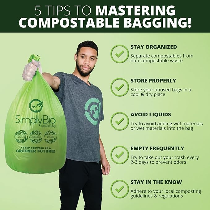 10-13 Gallon Compostable Trash Bags with Flat-Top 50 Bags Thick 0.87 Mil Leakproof Plant-based Tall Kitchen Wet Food Scrap Waste, ASTM D6400, US BPI and OK Compost Home Certified
