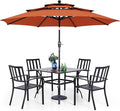 PHI VILLA 5 Piece Outdoor Dining Set with 10ft Umbrella, 37" Square Metal Dining Table & 4 Stacking Metal Chair with 3 Tier Red Umbrella for Patio, Deck, Yard, Porch
