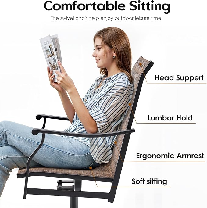 Soohow Patio Dining Chairs Set of 2, Swivel Outdoor Patio Chair with Paded Textilene Fabric, All Weather Outdoor Seats Ergonomic Comfort, Perfect Seats for Backyard, Balcony, and Garden