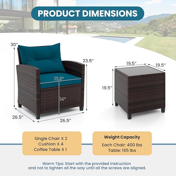 ORALNER 3 Pieces Patio Furniture Set, Outdoor Wicker Conversation Set Rattan Chairs with Cushions, Glass Coffee Table, Bistro Set for Front Porch Balcony Garden Deck Poolside (Peacock Blue)