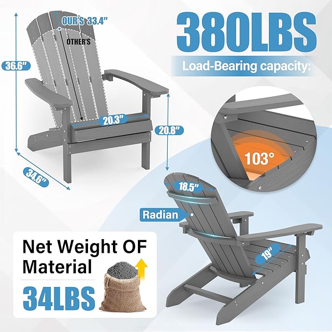 YEFU Adirondack Chair Weather Resistant: Outdoor Chair HIPS Plastic Adirondack Chairs - Patio Chairs with Wood Texture - Lawn Fire Pit Deck Porch Garden Chairs for Adults (Grey)