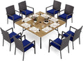 PHI VILLA 9-Piece Outdoor Dining Set for 8, 60" Wood-Like Square Metal Steel Dining Table & Rattan Wicker Chairs with Cushions, Patio Dining Set