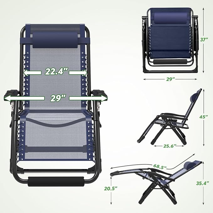 ZENPETIO 29In XL Zero Gravity Chair w/Cushion, Zero Gravity Recliner Lounge Chair for Indoor and Outdoor, Reclining Camping Chair for Lawn, Anti Gravity Chair with Cup Holder and Footrest, 440LBS
