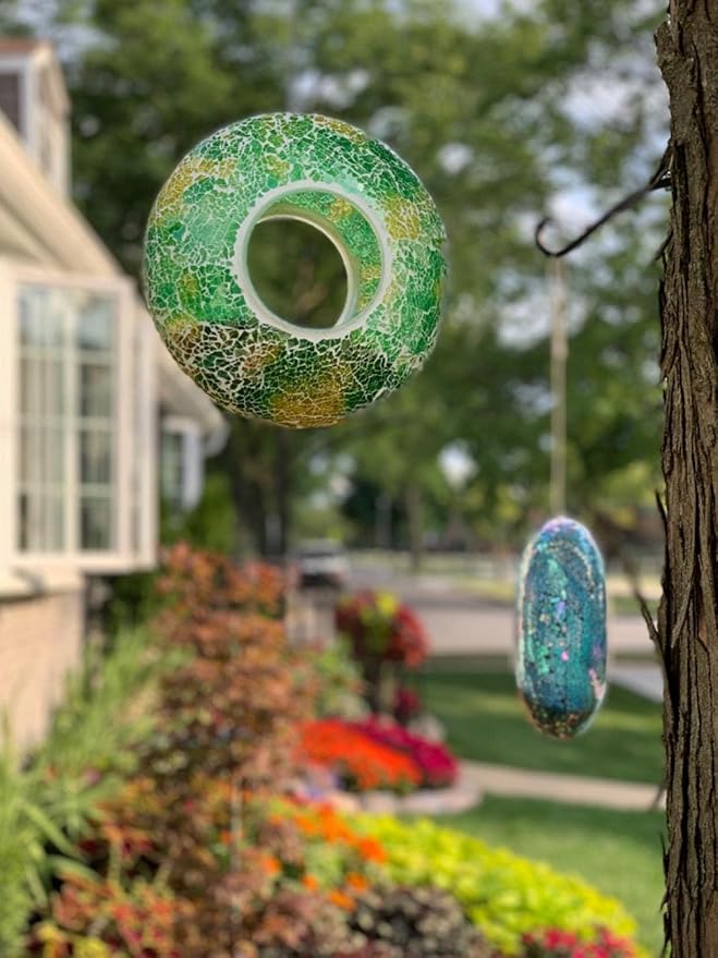 DUSVALLY 9" H Round Fly Through Bird Feeder for Wild Bird Seeds, Crackled Glass Mosaic Outdoor Hanging Feeder for Decorative in Outdoor Garden & Yard, Attracting Wild Birds, Green