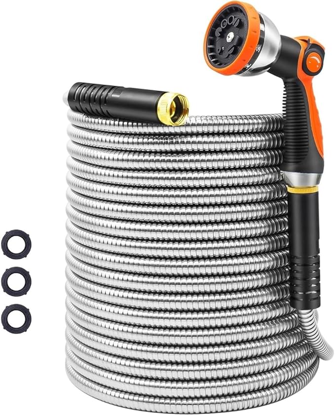 Garden Hose 50FT, Stainless Steel Water Hose with Nozzle, Flexible, Lightweight, Puncture Proof, Never Kink & Tangle, Heavy Duty Garden Hose for Yard and Outdoor