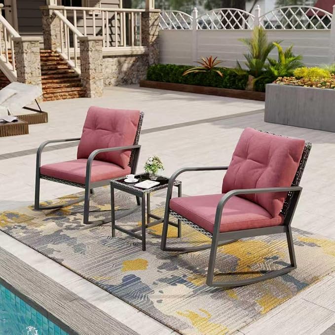 Bistro 3 Piece Patio Furniture Set, Patio Table and Rattan Outdoor Rocking Chairs Set of 2, Outdoor Bistro Conversation Set for Garden, Balcony, Poolside, Backyard, Red