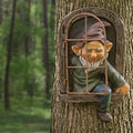 Elf Out The Door Gnome Tree Hugger Statue, Funny Whimsical Garden Peeker Sculpture, Resin Tree Face Decor Outdoor, Hanging Gnome Figurine for Yard Patio Lawn Porch Decoration, 7"x13"