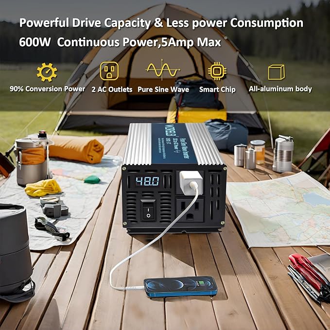 WZRELB 600W Pure Sine Wave Inverter 48V DC to 110V 120V AC Power Converter with LED Display, Off-Grid Portable Power Inverter with 2 AC Outlets for Home, RV, Truck, Camping