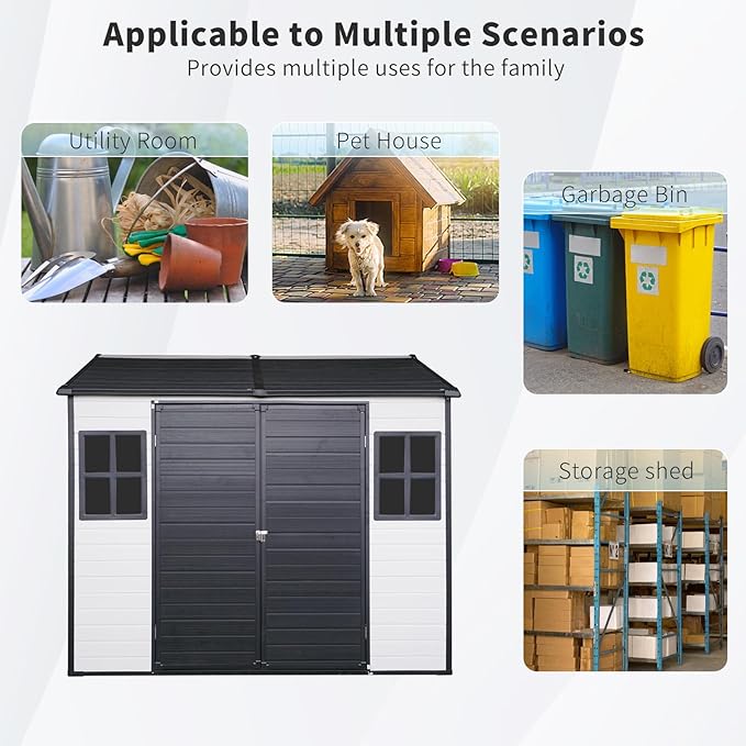 8x6 FT Outdoor Storage Shed, Resin Garden Shed with Thick Floor, Plastic Storage Shed with 2 Windows, Waterproof Outside Tool Shed with Lockable Hinged Doors for Backyard, Patio, Lawn, Black+White