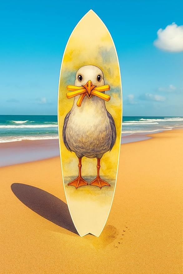 JennyGems Funny Seagull Surfboard Wall Art – Coastal Beach Decor, Seagull with Fries, Outdoor PVC Surfboard Sign (4 Foot)
