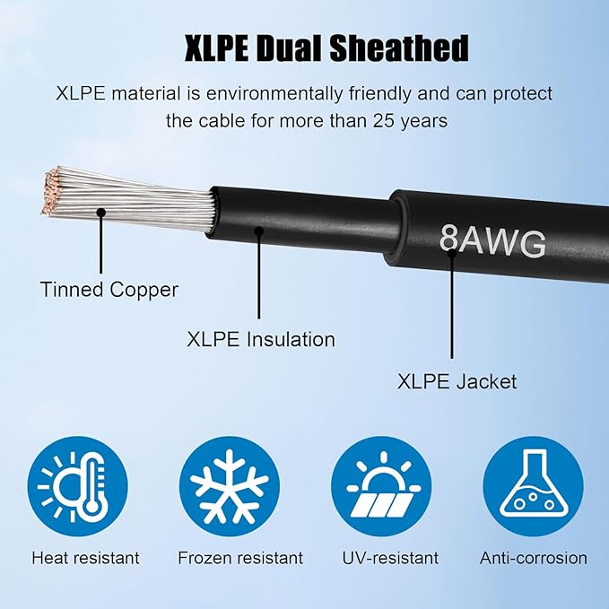 8 AWG Solar Cable 50FT Red + 50FT Black Tinned Copper Wire, 8 Gauge Solar Panel Wire for RV, Automotive, Trailer, Marine, Outdoors