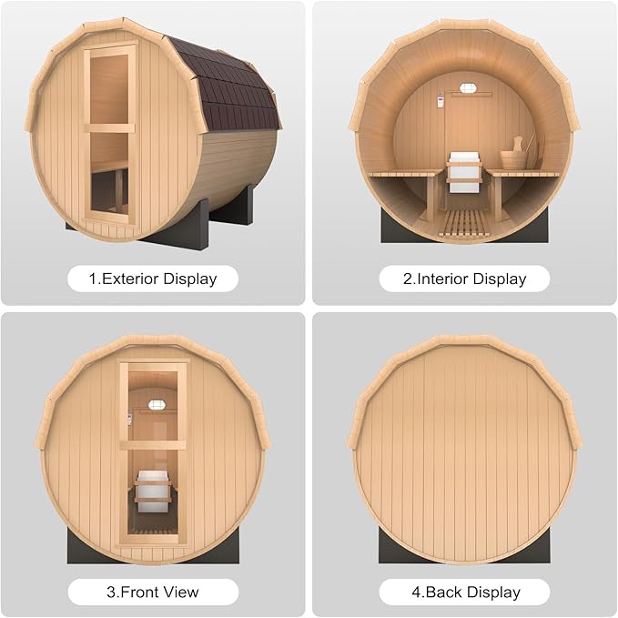 Outdoor Barrel Steam Sauna, 6-8 Person Wood Sauna Room with 6kw Toule Electric Heater with Sauna Stone, Canadian Helmock Wooden Sauna, Sauna Accessories and Asphalt Shingle Roof (Helmock)