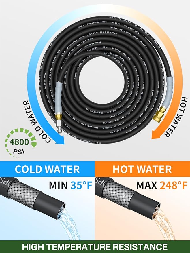 3/8" 4800PSI Pressure Washer Hose 125FT with Swivel Quick Connect for Cold/Hot Water Max 248°F, Kink Resistant Steel Wire Braided, Wear Resistant Power Washer Hose with M22 14mm Adapter