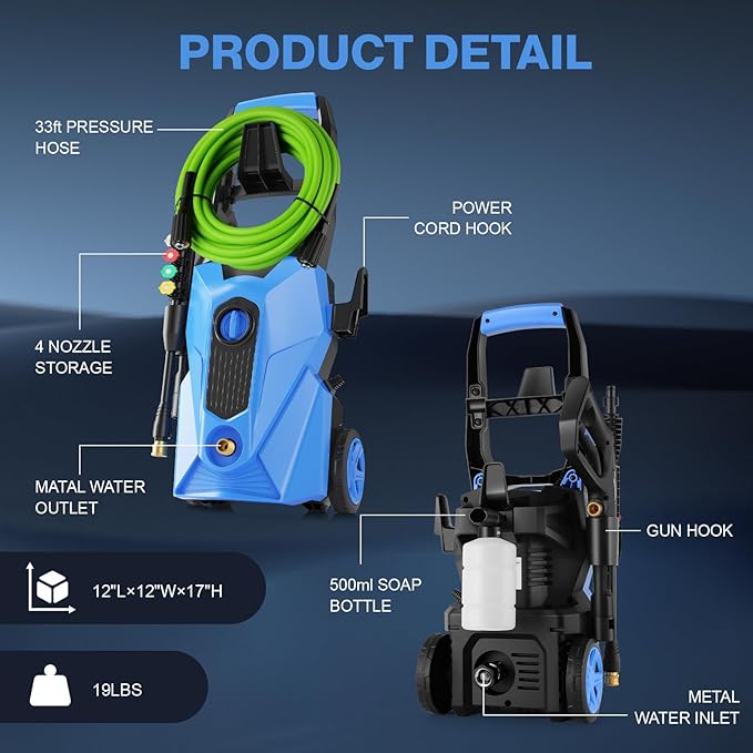 2025 New 5000PSI Electric Pressure Washer, Power Washer with 33FT Resistant Extension Hose and 4 Nozzles, Compatible with Extended Undercarriage Cleaners, Professional Powerwashers for Home/Car(Blue)