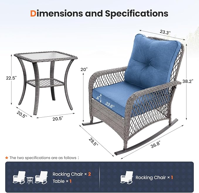 UDPATIO 3 Piece Patio Furniture Set, Wicker Rocking Bistro Set with 2 Rockers, 1 Side Table and 4‘’ Thick Cushions for Backyard, Porch, Balcony, Poolside, Grey/Blue