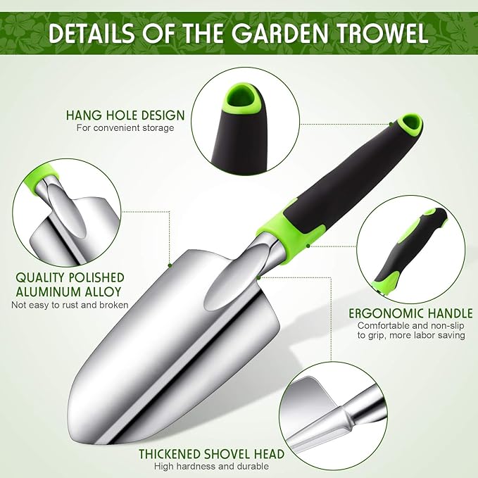 2 Pcs Garden Trowel Hand Shovel Tool Soil Scoop with Soft Rubberized Non Slip Handle Aluminum Alloy Potting Shovel for Digging Planting (Yellow, Green)