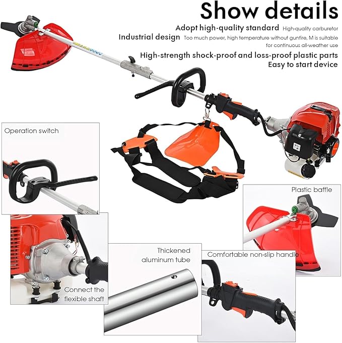 Petrol Hedge Trimmer Chainsaw Brush Cutter, Gas Weed Wacker 52cc 2-Stroke Multi Tools Gas Lawn Mower Guard Accessories Hedge Trimmer Grass Trimmer Lawn Edger for Home Yard Garden 5 in 1 Red