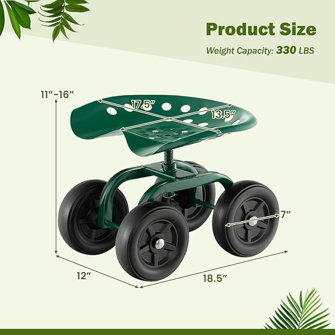LDAILY Garden Seat with Wheels, Heavy-Duty Utility Stool Cart with Adjustable 11"-16" Height & 360° Rotatable, Rolling Garden Cart with Seat for Lawn Planting, Yard Work, Patio Gardening (Green)