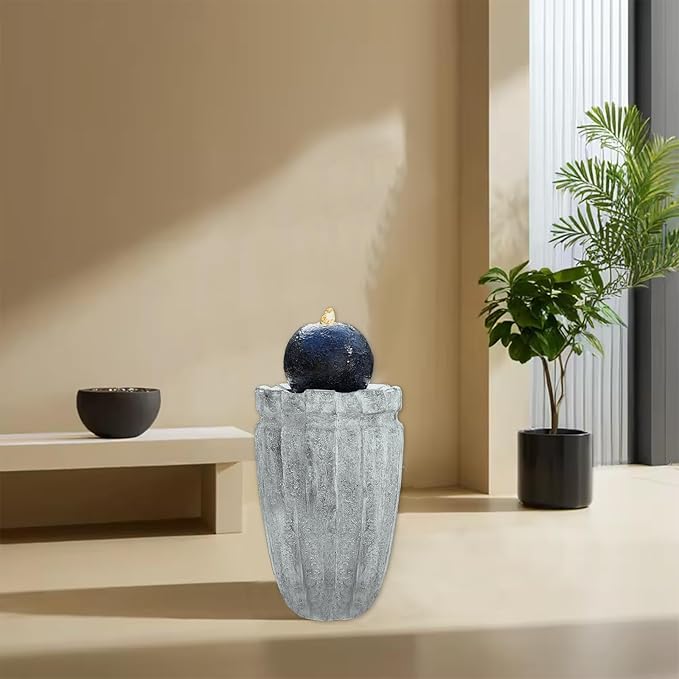 Modern Ball Fountains Outdoor Indoor Cast Stone Sphere Zen Fountain with LED Lights Round Water Features Decor for Garden Patio Living Room Office Black and White 25.6” High