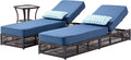 Luxury Outdoor Chaise Lounge Chairs of 2 with 5 Inch Thick Cushions and Side Table - 3 PCS High Back Brown Wicker Patio Recliners Lounger Furniture Set for Poolside Sunbathing - Navy Blue