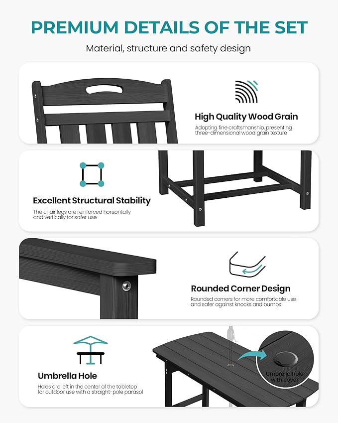 HDPE Outdoor Patio Dining Set with Table & 4 Chairs, All-Weather 5-Piece Outdoor Table and Chairs, 2" Umbrella Hole, Patio Furniture for Garden, Backyard, Deck | Matte Black