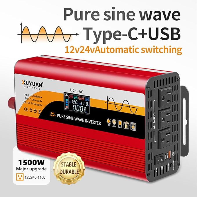 1500W Pure Sine Wave Inverter (3000W Peak), 12V/24V Auto-Detect, 50Hz/60Hz Switchable, LCD Display, Type-C Fast Charging, Silent Design, Overload & Overheat Protection for RV, Home (RED-1500W)