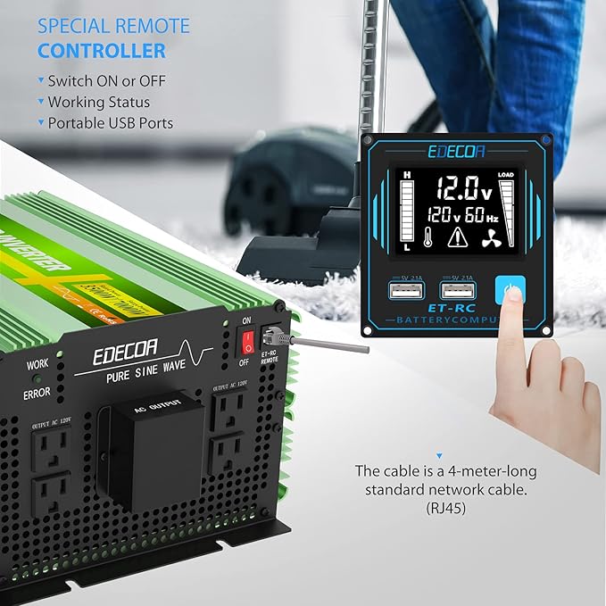EDECOA 3500W Pure Sine Wave Inverter DC 12V to 120V 110V AC Power Converter for Car RV Motorhome with LCD Remote and AC Terminal Block (3500W/12V V3.1 (ET-RC Remote))