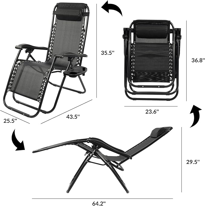 Elevon Zero Gravity Chair with Cup Holder & Removable Pillow, Adjustable Reclining Outdoor Patio Folding Chairs for Adults Portable Lounge Chair Furniture for Poolside, Lawn, Beach, Camping, Black