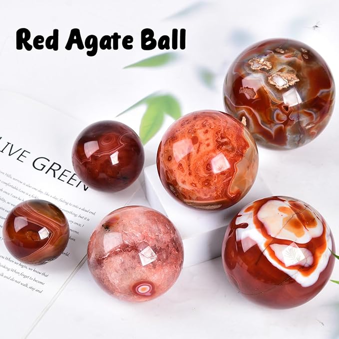 JIC Gem 2.7-3.1 inch(70-80mm) Large Red Agate Crystal Ball Round Healing Crystals Decorative Sphere with Wooden Stand Meditation Witchcraft Home Decor