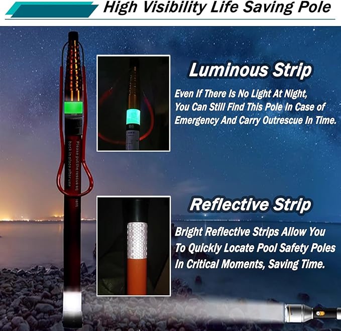 Telescopic Pool Rescue Hook with Pole, 16ft-30ft Adjustable Heavy Duty Pool Pole, Fibreglass Safety Hook Pools, Specialised Emergency Rescue Equipment for Drowning Victims (L:450cm/14.8ft)