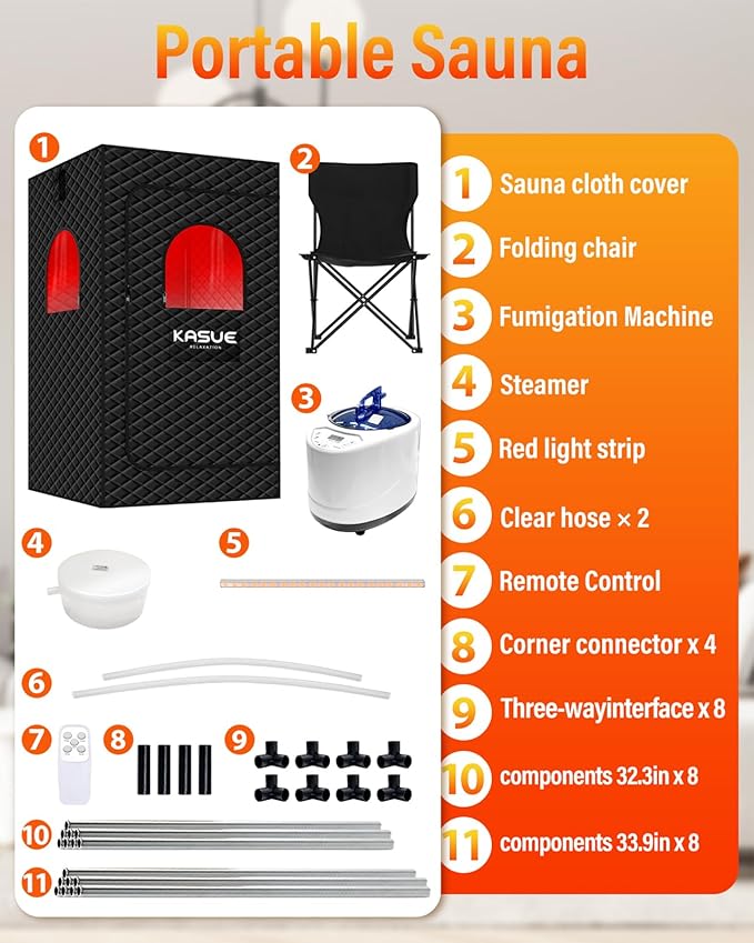 Infrared Sauna Box, Portable Steam Sauna Tent with 3L/1400W Steamer, 5-Layer Waterproof and Thermal Insulation, Folding Chair, for Home Steam Spa, Indoor & Outdoor(Black)