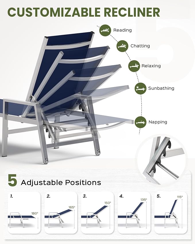 Patio Chaise Lounge Chair Outdoor with Wheels&Armrests, Aluminum Pool Lounge Chairs Set of 2 Five-Position Adjustable Recliner, Outdoor Beach Lounge Chairs for Poolside, Patio, Deck, Yard, Navy Blue