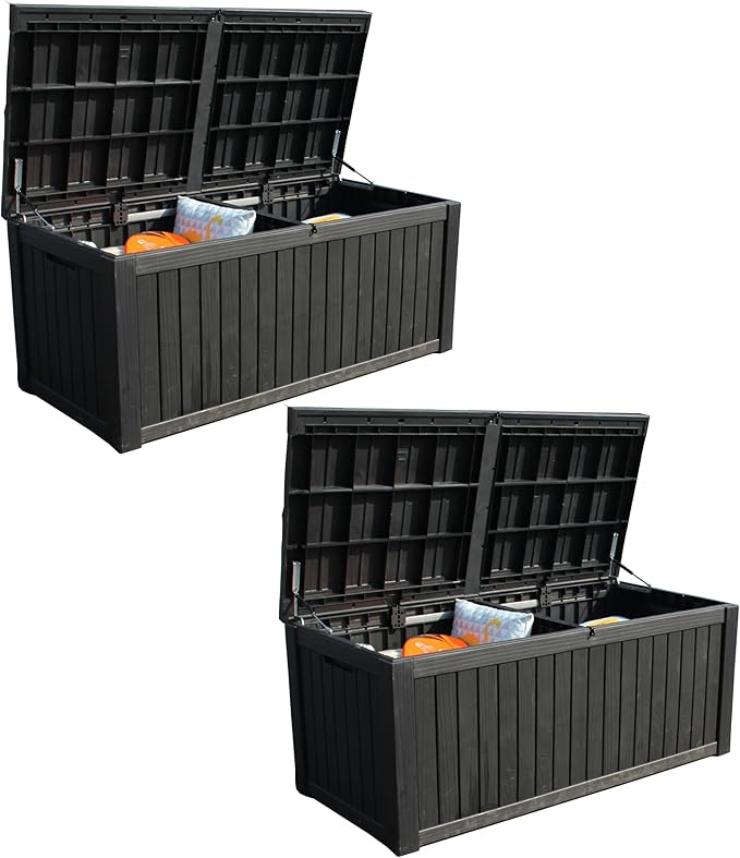 BTEXPERT 150 Gallon Outdoor Storage Container Deck Box with Metal Support Rods for Patio Furniture Garden Tools Waterproof Lockable UV Resistant Resin Set of 2